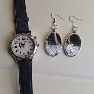 Classic Black Strap Womens Watch & Silver Oval Earrings